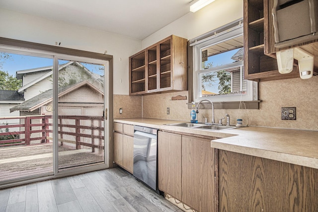 205 Corinne St SW, Grand Rapids, MI 49507 - kitchen with open shelves, dishwasher, a sink, light wood-type flooring, and tasteful backsplash