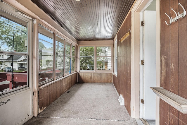 205 Corinne St SW, Grand Rapids, MI 49507 - unfurnished sunroom with wood walls, carpet, and wooden ceiling