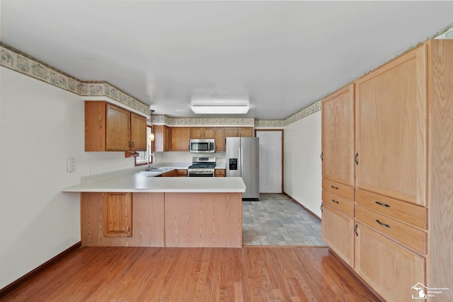 214 Roosevelt St, Dundee, MI 48131 - kitchen with appliances with stainless steel finishes, a peninsula, a sink, light countertops, and light wood finished floors