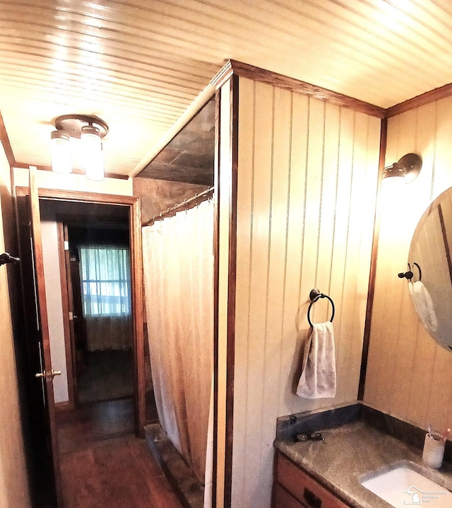 9361 Exeter Rd, Carleton, MI 48117 - bathroom featuring a sink, wooden walls, and a shower with shower curtain