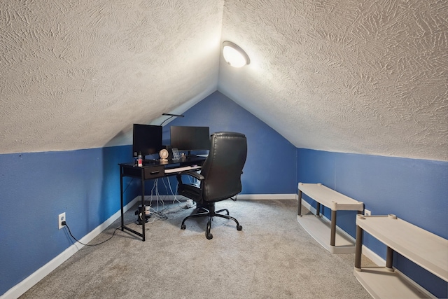 1645 College Ave SE, Grand Rapids, MI 49507 - carpeted home office with a textured ceiling, lofted ceiling, and baseboards