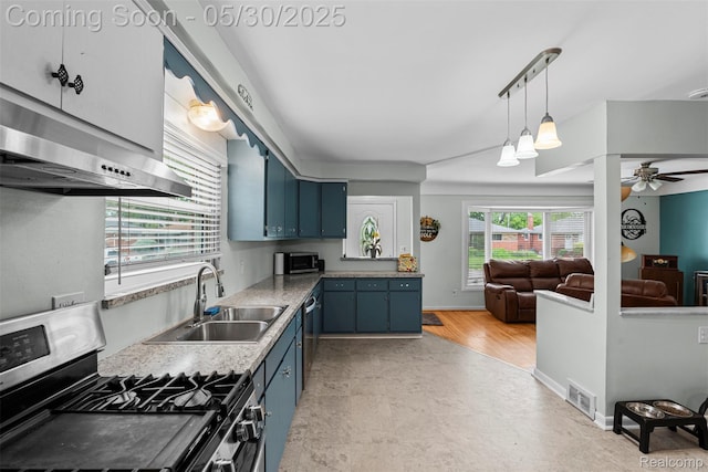 25305 Ursuline St, Saint Clair Shores, MI 48081 - kitchen with blue cabinets, appliances with stainless steel finishes, extractor fan, and a sink