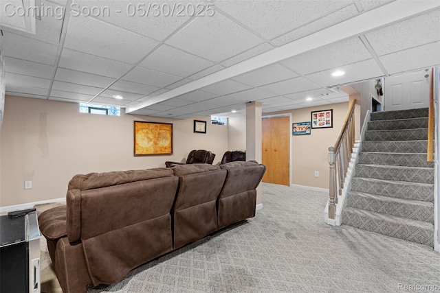 25305 Ursuline St, Saint Clair Shores, MI 48081 - living area with stairway, carpet, recessed lighting, a drop ceiling, and baseboards