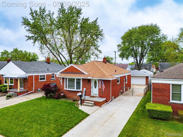 25305 Ursuline St, Saint Clair Shores, MI 48081 - bungalow-style house featuring a chimney, brick siding, a garage, and a shingled roof