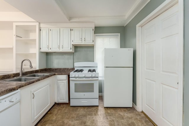 617 Wheaton Ave, Kalamazoo, MI 49008 - kitchen with white appliances, a sink, open shelves, dark countertops, and white cabinetry