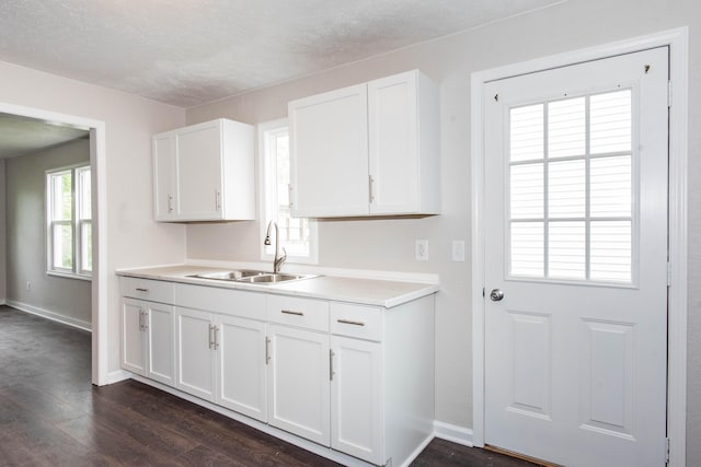 1226 Shakespeare Ave, Kalamazoo, MI 49001 - kitchen featuring a sink, white cabinets, light countertops, dark wood finished floors, and a textured ceiling