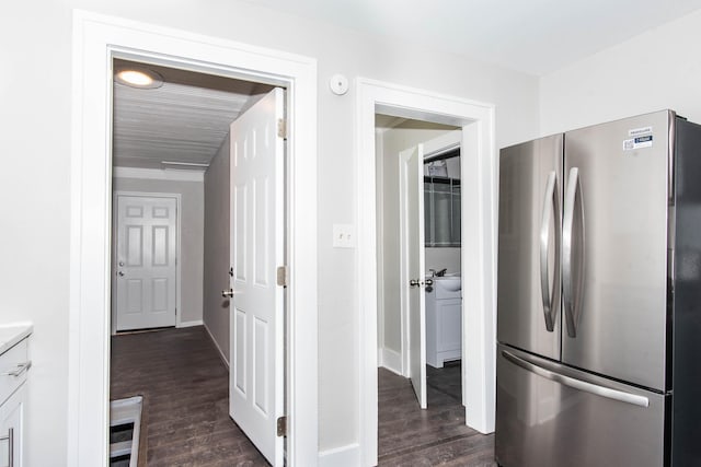 1226 Shakespeare Ave, Kalamazoo, MI 49001 - kitchen with freestanding refrigerator, dark wood finished floors, baseboards, and light countertops