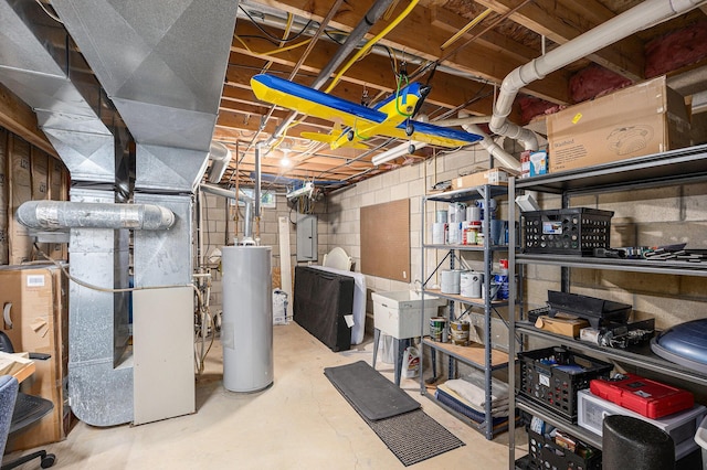 4465 Spinnaker Ln, Pleasant Lake, MI 49272 - unfinished basement featuring water heater, electric panel, and concrete block wall