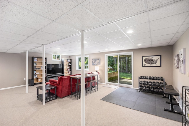 4465 Spinnaker Ln, Pleasant Lake, MI 49272 - living area with carpet flooring, a paneled ceiling, baseboards, and recessed lighting