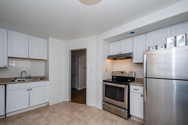 2630 Willa Dr, Saint Joseph, MI 49085 - kitchen featuring stainless steel appliances, a sink, under cabinet range hood, and white cabinetry