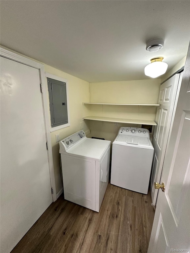 33050 John Hauk St, Garden City, MI 48135 - laundry area with electric panel, washer and clothes dryer, and dark wood-type flooring
