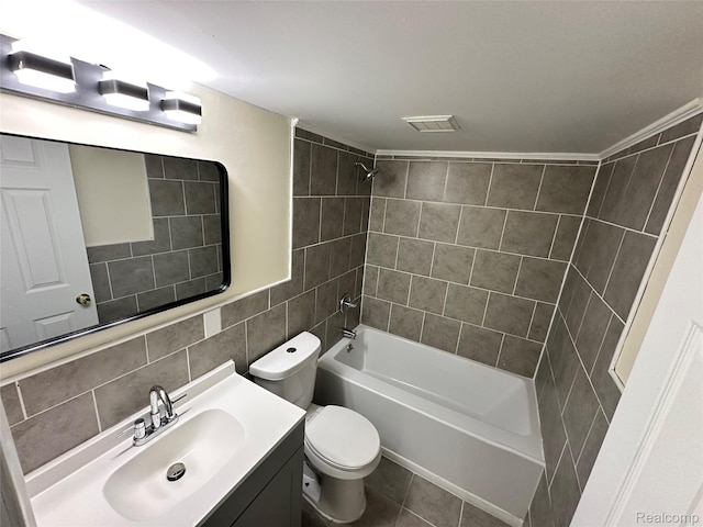 33050 John Hauk St, Garden City, MI 48135 - full bathroom with tile walls, vanity, toilet, shower / tub combination, and tile patterned floors