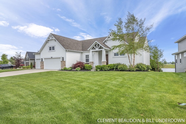 13944 Harrington Lndg, Holland, MI 49424 - craftsman-style house with stone siding, board and batten siding, a front yard, and an attached garage