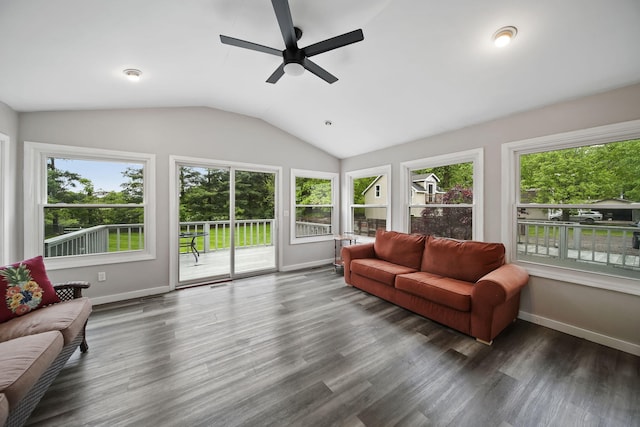 9428 Talladay Rd, Willis, MI 48191 - living area with a ceiling fan, lofted ceiling, baseboards, and wood finished floors