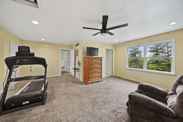 9428 Talladay Rd, Willis, MI 48191 - exercise area featuring a ceiling fan, baseboards, recessed lighting, and carpet flooring