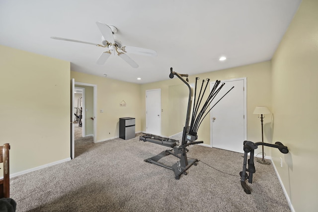 9428 Talladay Rd, Willis, MI 48191 - exercise room with carpet floors, a ceiling fan, baseboards, and recessed lighting