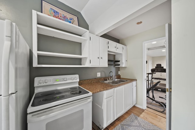9428 Talladay Rd, Willis, MI 48191 - kitchen featuring white appliances, a sink, open shelves, light wood-style flooring, and white cabinets
