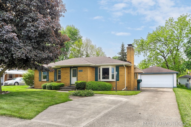 1272 Den Hertog St SW, Wyoming, MI 49509 - ranch-style home featuring a chimney, brick siding, a garage, a front lawn, and driveway
