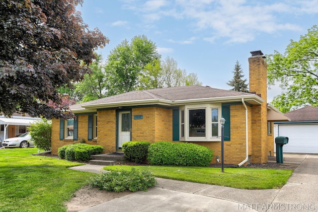 1272 Den Hertog St SW, Wyoming, MI 49509 - view of front of house featuring a chimney, brick siding, a garage, a front lawn, and a shingled roof