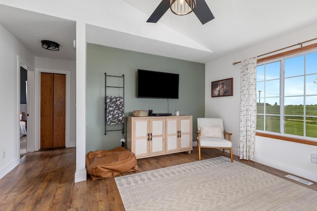 1443 140th Ave, Wayland, MI 49348 - sitting room with ceiling fan, lofted ceiling, wood finished floors, and baseboards