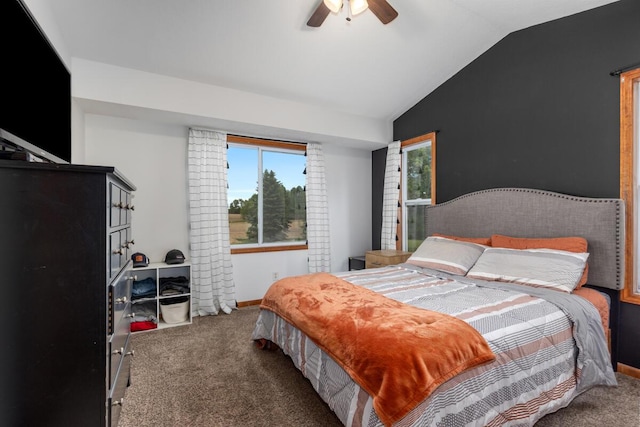 1443 140th Ave, Wayland, MI 49348 - bedroom featuring carpet floors, vaulted ceiling, baseboards, and ceiling fan