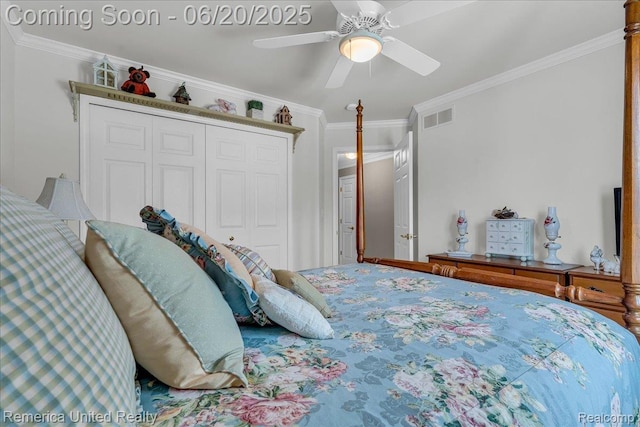 22858 Saint George Cir S, Lyon, MI 48178 - bedroom with a closet, ornamental molding, and a ceiling fan
