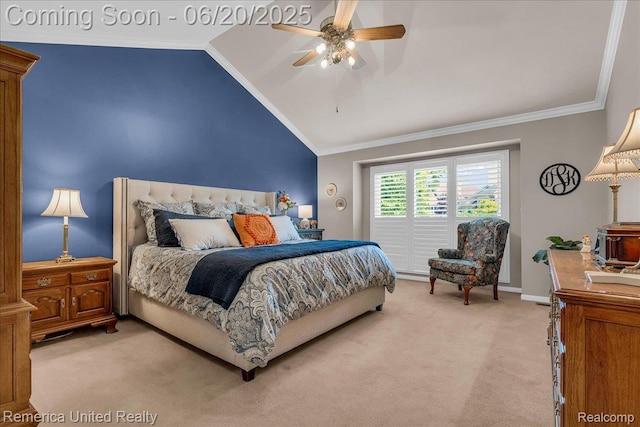 22858 Saint George Cir S, Lyon, MI 48178 - bedroom featuring light carpet, lofted ceiling, crown molding, and ceiling fan