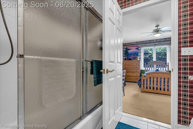 22858 Saint George Cir S, Lyon, MI 48178 - full bath featuring ceiling fan, tile patterned floors, and bath / shower combo with glass door