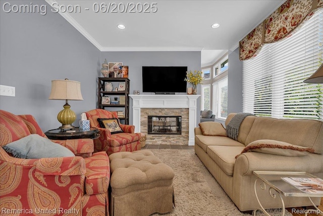 22858 Saint George Cir S, Lyon, MI 48178 - living area with ornamental molding, a multi sided fireplace, and recessed lighting