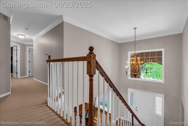 22858 Saint George Cir S, Lyon, MI 48178 - corridor with a chandelier, an upstairs landing, ornamental molding, and carpet flooring