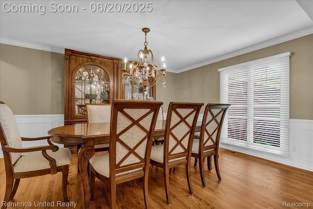 22858 Saint George Cir S, Lyon, MI 48178 - dining space with a chandelier, ornamental molding, wainscoting, a decorative wall, and wood finished floors
