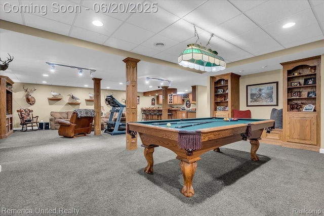 22858 Saint George Cir S, Lyon, MI 48178 - recreation room with carpet flooring, rail lighting, pool table, and recessed lighting