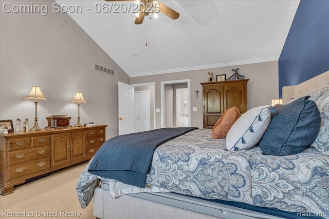 22858 Saint George Cir S, Lyon, MI 48178 - bedroom with light carpet, vaulted ceiling, crown molding, and a ceiling fan