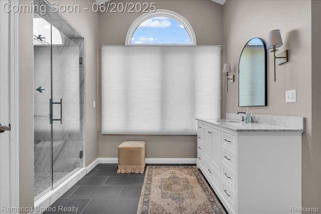 22858 Saint George Cir S, Lyon, MI 48178 - full bath with vanity, a shower stall, and tile patterned floors