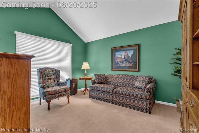 22858 Saint George Cir S, Lyon, MI 48178 - living area featuring lofted ceiling, carpet floors, and crown molding