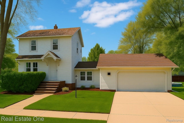 7001 Anthony St, Dearborn, MI 48126 - traditional-style home featuring a chimney, an attached garage, concrete driveway, and a front yard