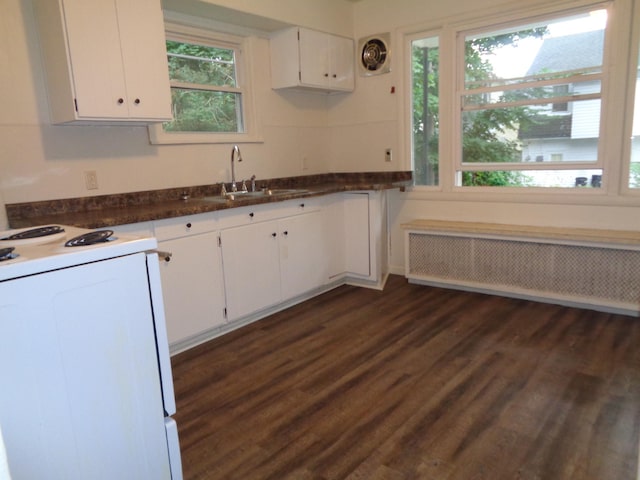 510 S Main, Mount Pleasant, MI 48858 - kitchen featuring radiator, white range with electric stovetop, a sink, white cabinetry, and dark countertops