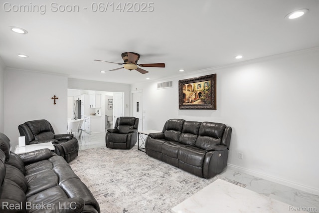 5582 Greenbriar Dr, West Bloomfield, MI 48322 - living area featuring recessed lighting, ceiling fan, marble finish flooring, crown molding, and baseboards