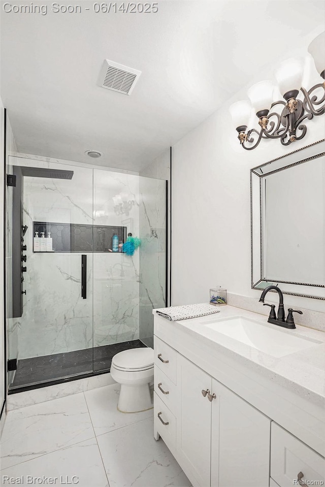 5582 Greenbriar Dr, West Bloomfield, MI 48322 - bathroom featuring toilet, vanity, a marble finish shower, marble look tiles, and a chandelier
