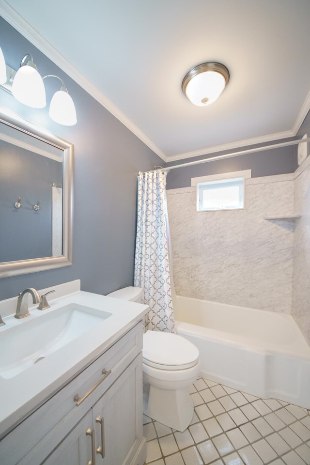 2720 Willa Dr, Saint Joseph, MI 49085 - full bath with vanity, ornamental molding, toilet, shower / bath combination with curtain, and tile patterned flooring