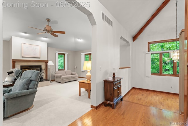 29915 Ardmore Dr, Farmington, MI 48334 - living room featuring vaulted ceiling, a ceiling fan, wood-type flooring, arched walkways, and a glass covered fireplace