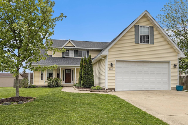 764 Allen Rd, Milan, MI 48160 - traditional-style home with concrete driveway, a front yard, a shingled roof, and a porch