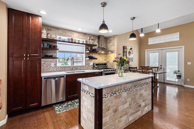 764 Allen Rd, Milan, MI 48160 - kitchen featuring stainless steel appliances, a sink, open shelves, dark wood-style floors, and backsplash