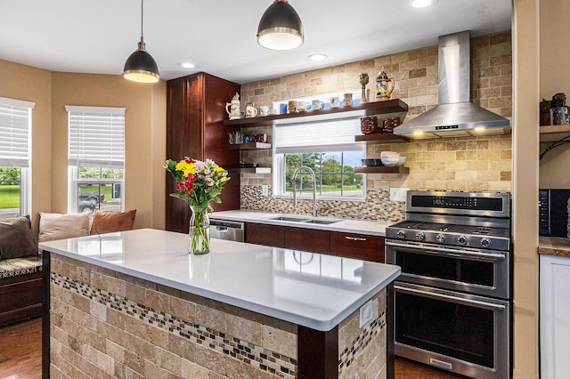 764 Allen Rd, Milan, MI 48160 - kitchen featuring wall chimney range hood, open shelves, a sink, appliances with stainless steel finishes, and plenty of natural light