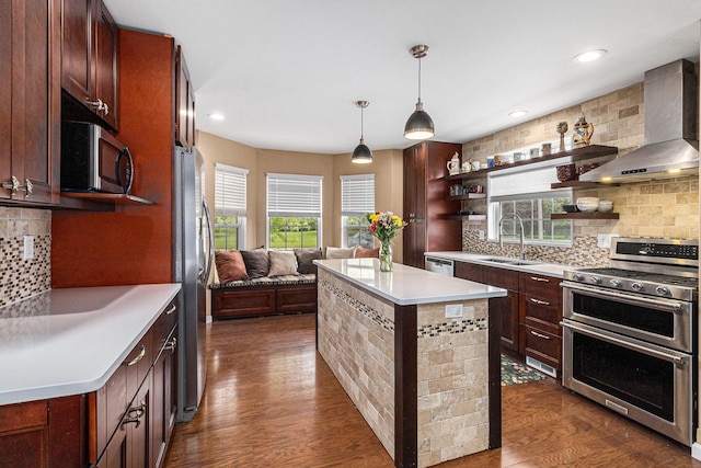764 Allen Rd, Milan, MI 48160 - kitchen with appliances with stainless steel finishes, wall chimney range hood, a sink, decorative backsplash, and light countertops