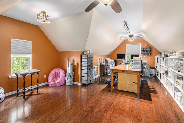 764 Allen Rd, Milan, MI 48160 - office area with ceiling fan, lofted ceiling, wood finished floors, and baseboards