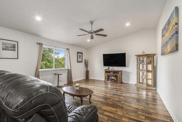 207 Station Hill St, Galesburg, MI 49053 - living room with wood finished floors, a ceiling fan, vaulted ceiling, recessed lighting, and baseboards