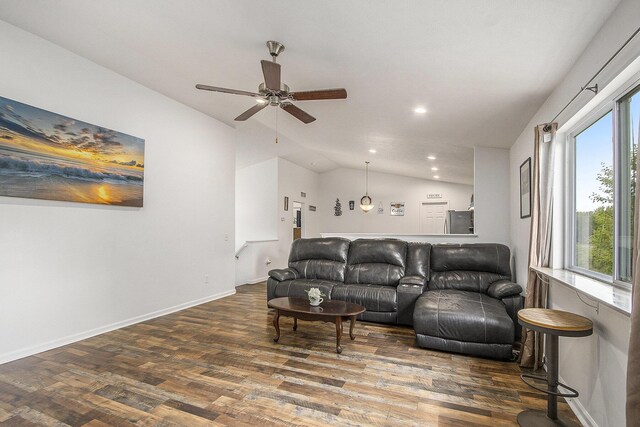 207 Station Hill St, Galesburg, MI 49053 - living room featuring lofted ceiling, wood finished floors, a ceiling fan, and recessed lighting