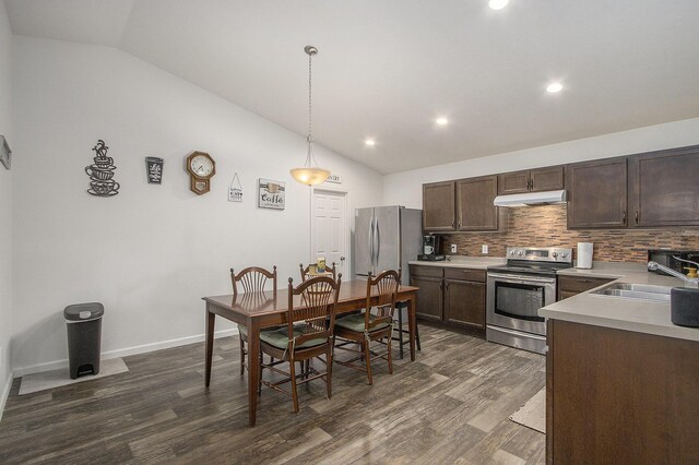 207 Station Hill St, Galesburg, MI 49053 - kitchen featuring appliances with stainless steel finishes, a sink, under cabinet range hood, vaulted ceiling, and dark brown cabinets