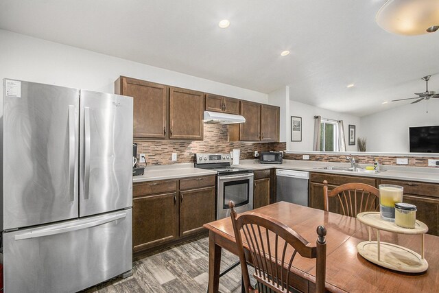 207 Station Hill St, Galesburg, MI 49053 - kitchen with stainless steel appliances, under cabinet range hood, a sink, light countertops, and backsplash